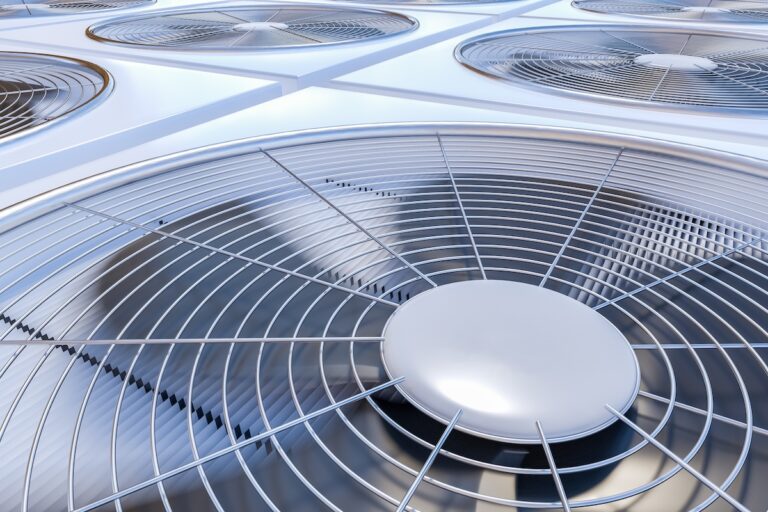 Close up view on HVAC units (heating, ventilation and air conditioning). 3D rendered illustration.