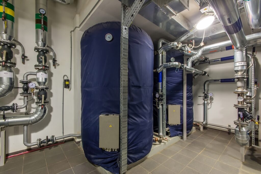 commercial boiler Industrial electric storage water heater. Modern independent heating system in boiler room