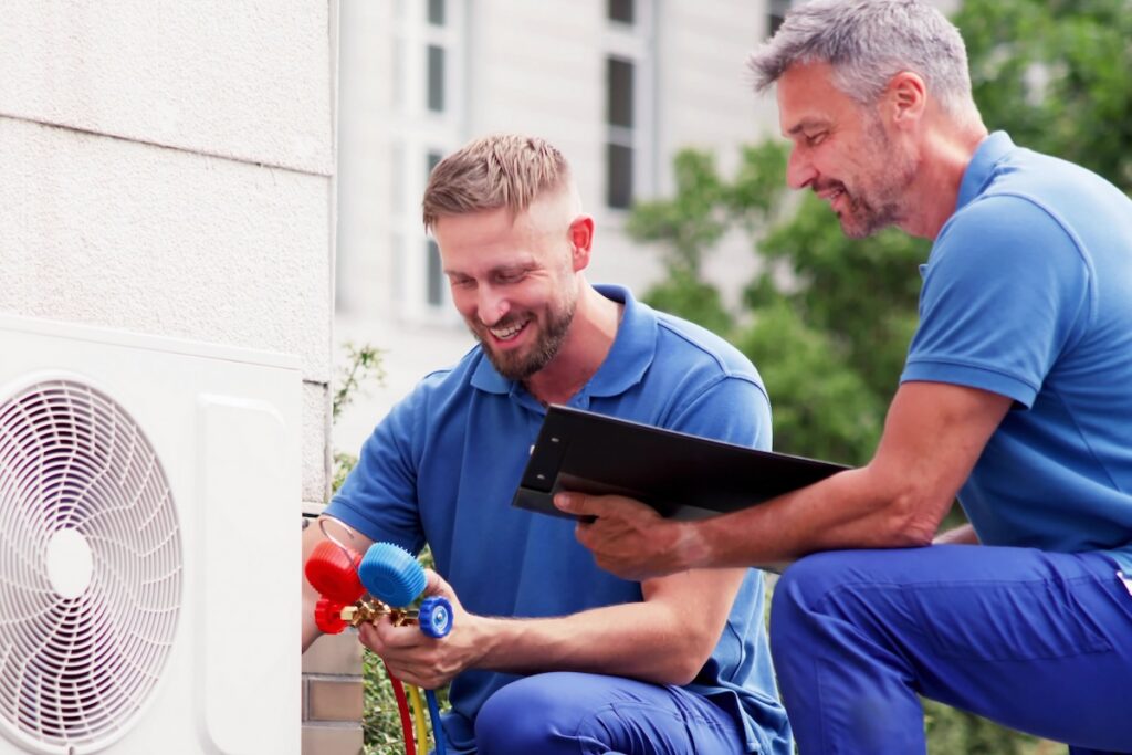 Two technicians from Rolls Mechanical in blue uniforms are performing a geothermal heat pump installation.