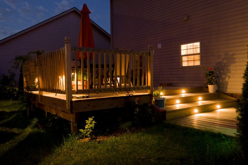 yellow outdoor lighting stairs and deck